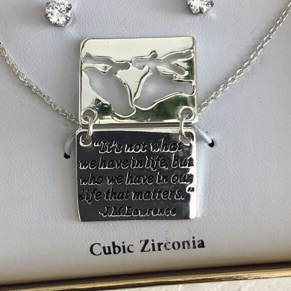 NIB Silver Bird Cut Out Quote Necklace & Cubic Zirconia Stud Earring Set - Picture 2 of 4